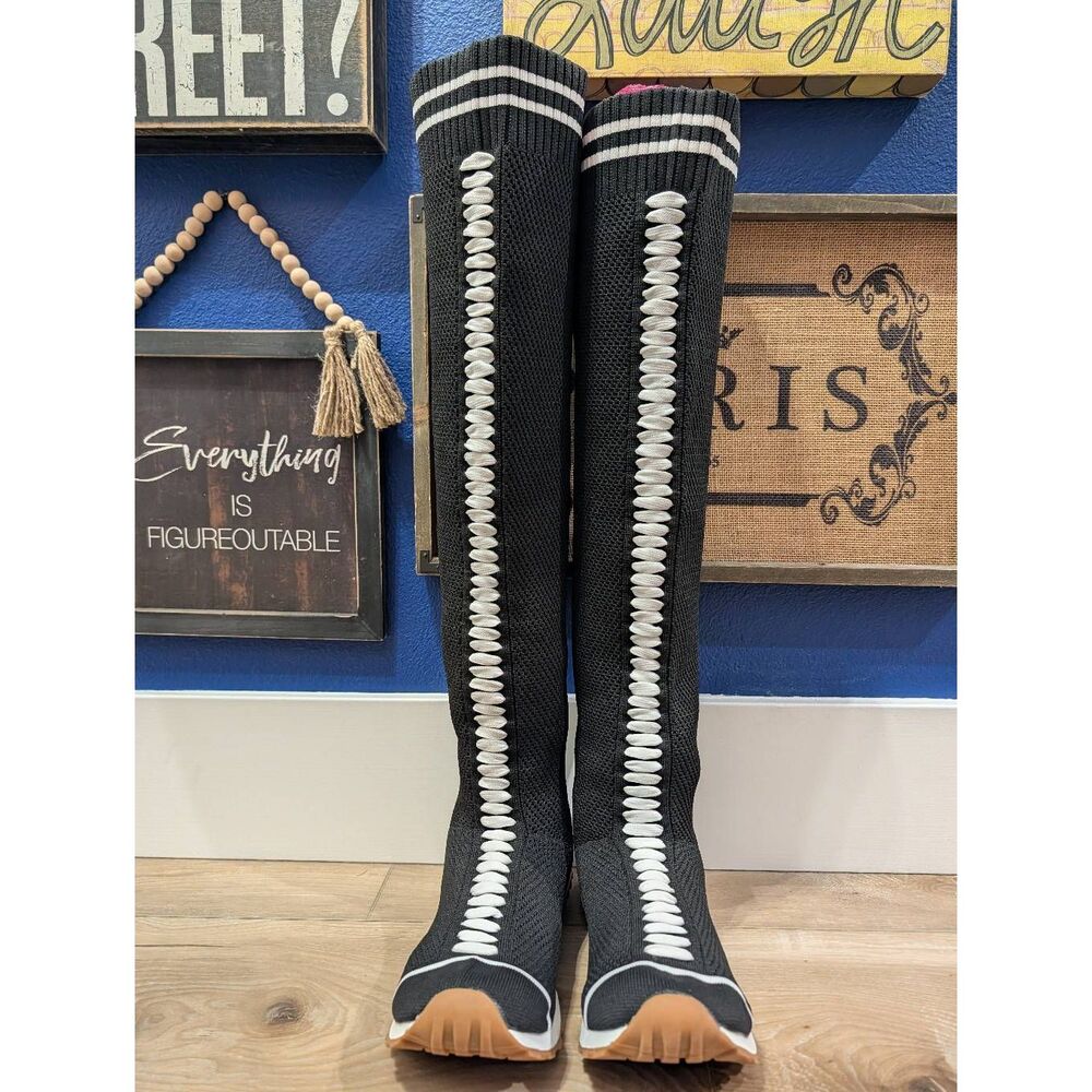 Black Knit Over the Knee Sneaker Boots Size 43 Women's 12 Tall Festival - Picture 9 of 16